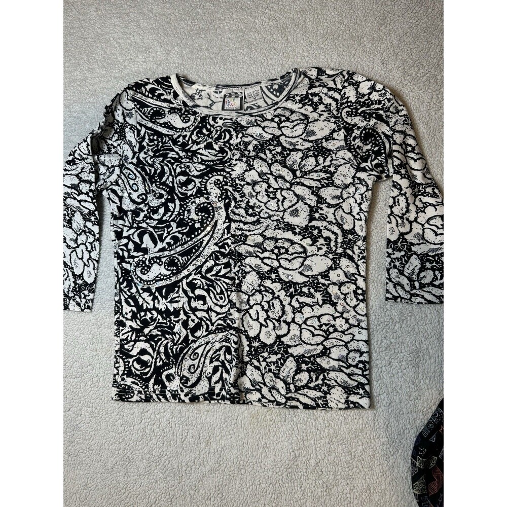 Take Two Sequined Black And White Top, Floral Print, 3/4 Sleeve Tee Shirt, Y2K M